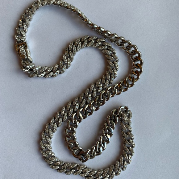 BSI 925 Sterling Reversible Rhinestone Polished Curb Chain Choker Necklace 17" - Picture 7 of 16